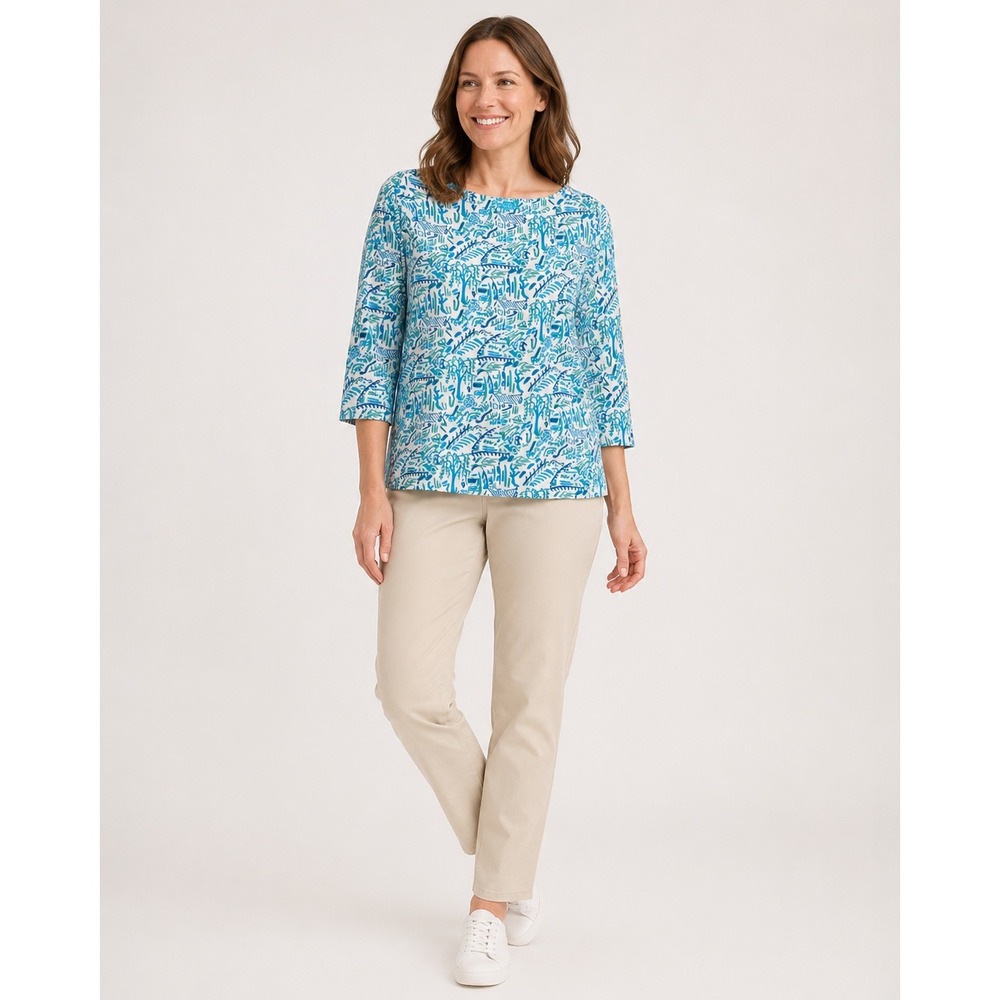 J.‎ McLaughlin Top Womens Blue Abstract Boatneck 3/4 Sleeve Small Catalina Cloth